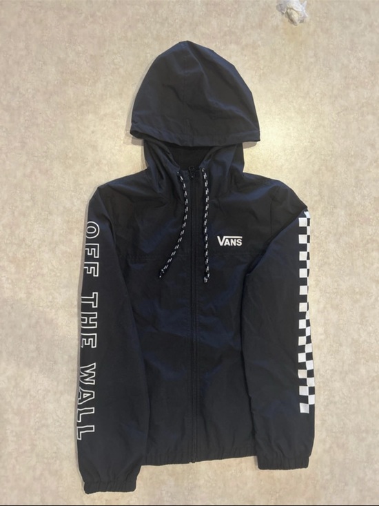 Vans Jackets & Blazers - Vans Black Hooded Jacket with Checkerboard Sleeve and 'Off The Wall' Text